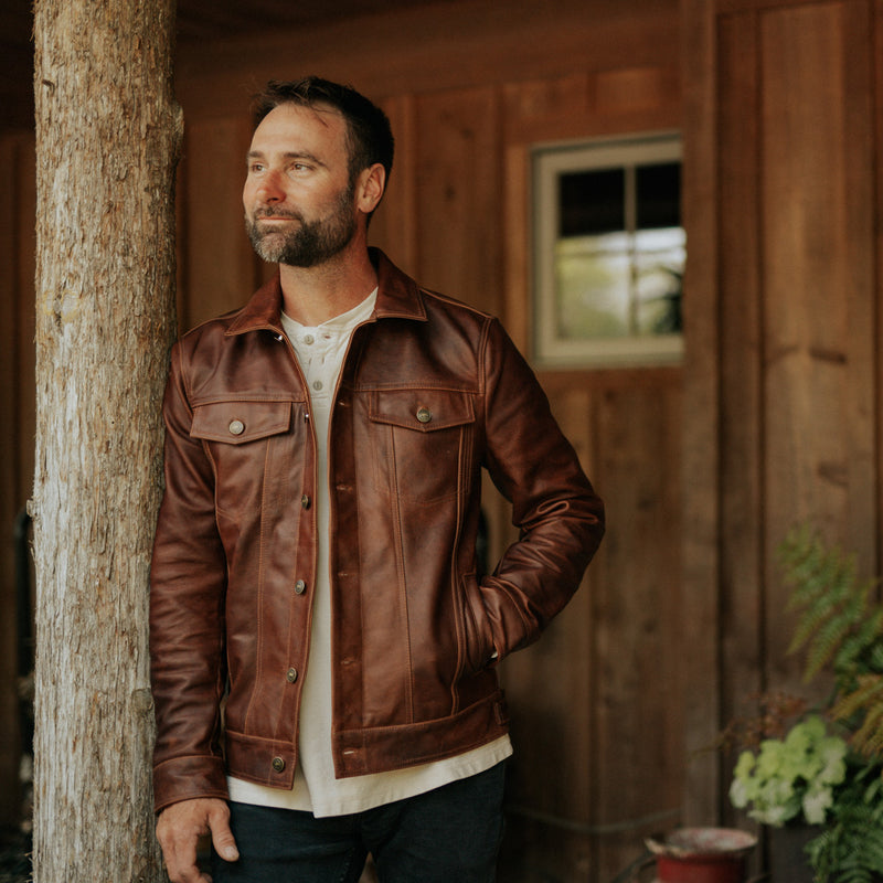 Buffalo Jackson Driggs leather trucker jacket in cognac brown