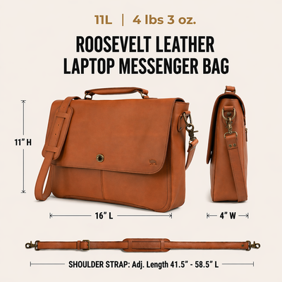 The Roosevelt Leather Laptop Messenger Bag | Amber Brown is a full-grain water buffalo leather messenger bag built for work, travel, and everyday carry.

Specifications

Exterior dimensions: 16 inches long, 4 inches wide, 11 inches high. Laptop sleeve dimensions: 14.25 inches long, 8.5 inches wide. Laptop compatibility: fits most 15-inch laptops. Shoulder strap length: 58.5 inches fully extended, 41.5 inches at shortest setting. Total weight: 4 pounds 3 ounces (4.19 lbs / 1.90 kg). Material: full-grain wate
